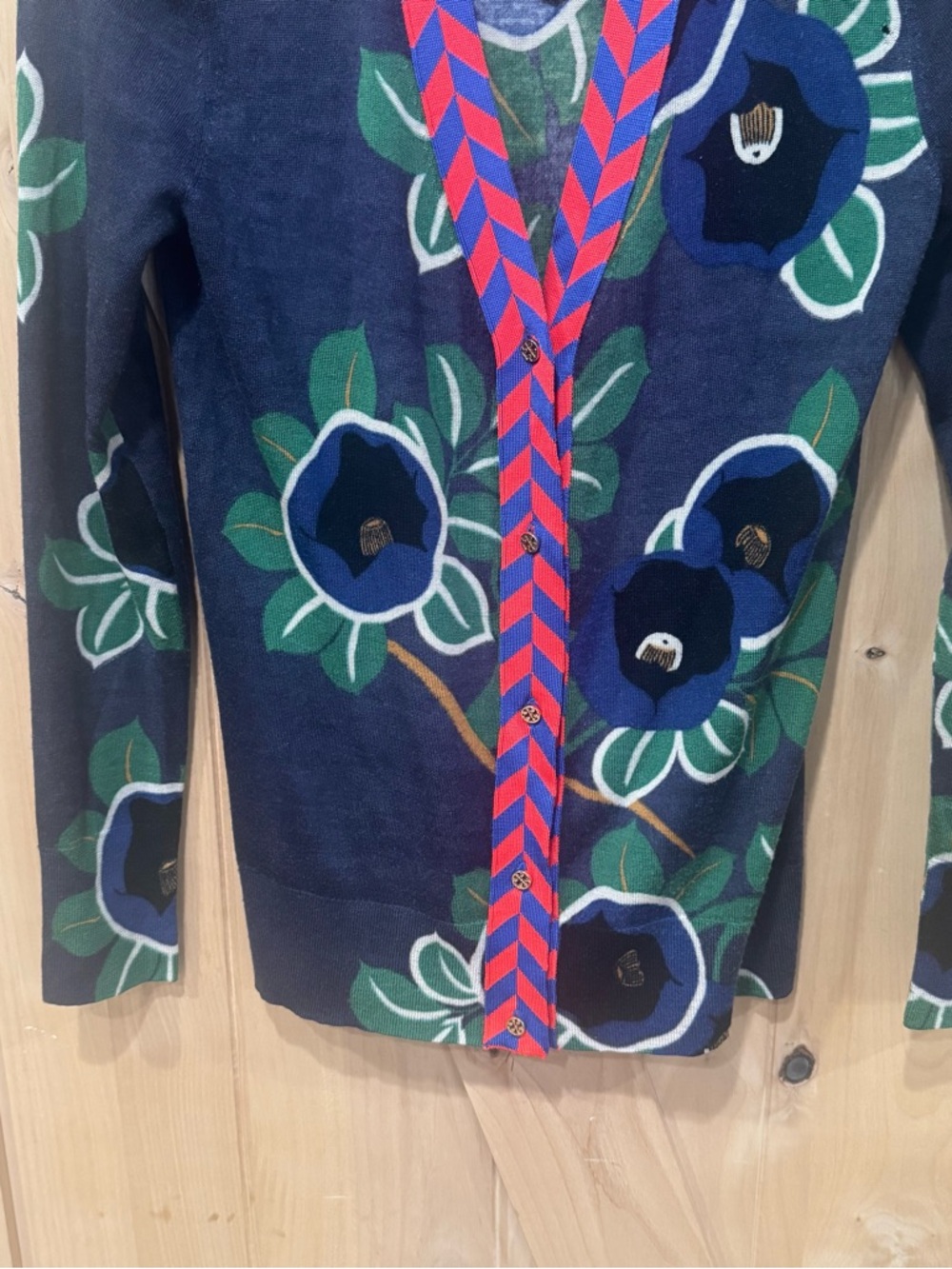 Tory Burch Thea Floral Modal Cotton Cardigan Size Medium Chervon - Picture 3 of 13